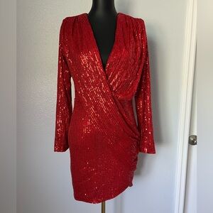ASOS MISS ORD Red Sequin Long Sleeve Draped Faux Wrap Dress